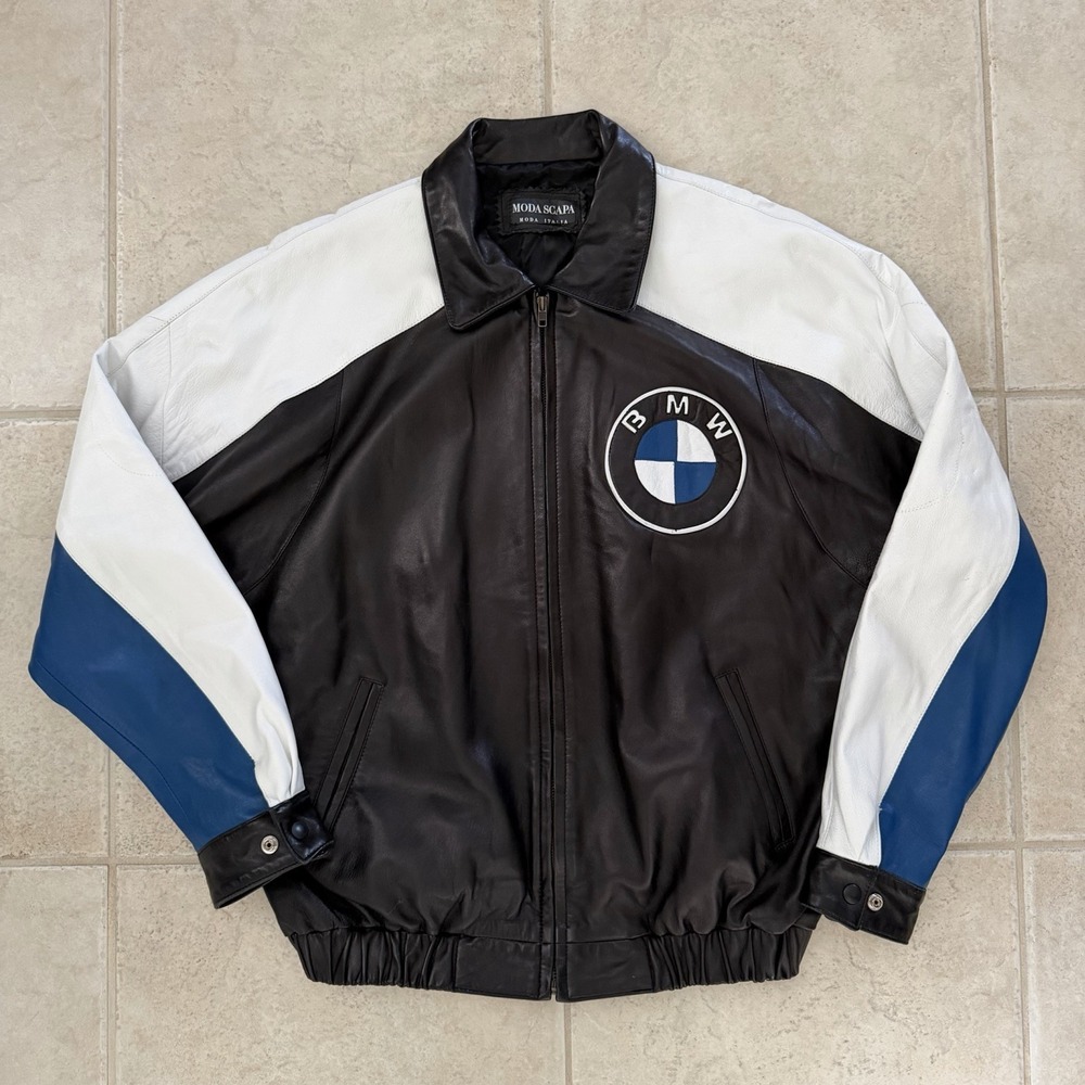 Vintage Rare BMW Italian Leather Bomber Jacket Size Large